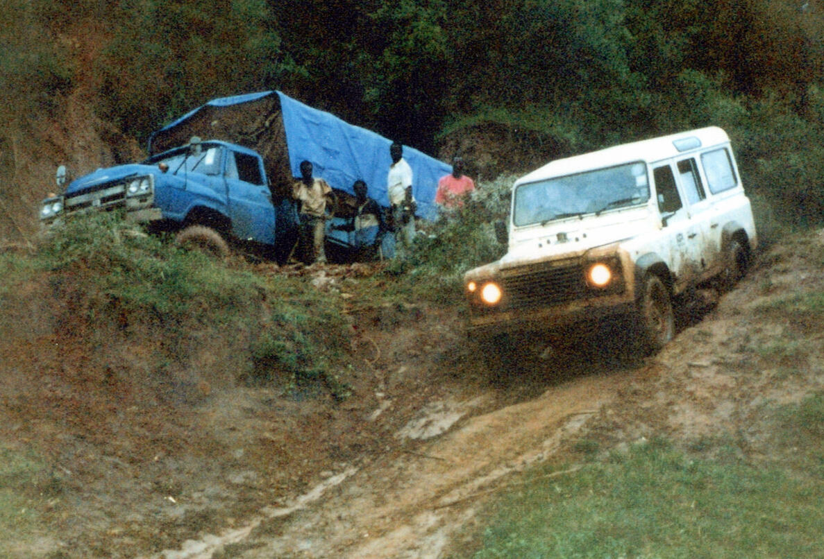 Landrover Defender 4wding near Mbulu town in Tanzania in adverse 1998 El Nino conditions photographed by God Talks coach Andrew